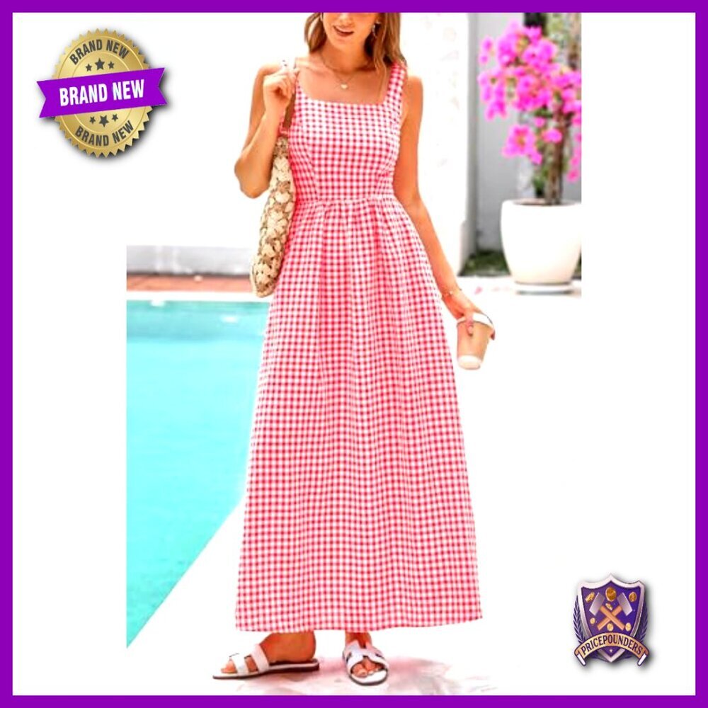 Plaid Square Neck Maxi Dress Spaghetti Strap Smocked Back A-Line Casual - Picture 3 of 7